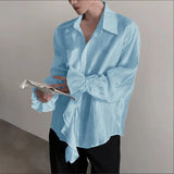 WIAOFELLAS  -  Men Shirt Solid Pleated Ruffle Lapel Long Sleeve Men Clothing Streetwear Loose Fashion Casual Tops Male Shirts S-5XL