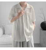 WIAOFELLAS  -  Korean Style Men's Shirts Lapel Hollow Out Knitting Single Breasted Tops Short Sleeved Pocket Loose Male Tops Trend