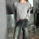 WIAOFELLAS  -  Men's Solid Color Ripped Long-Sleeved T-Shirt American Retro Fashion Trend High Street Loose Casual Breathable Niche Men's Tops