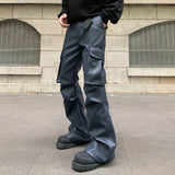 WIAOFELLAS  -  New trendy multi pocket loose straight blue leather pants