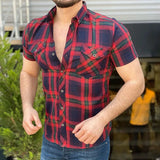 Wiaofellas  -  Spring Summer Mens Plaid Printed Shirts Short Sleeve Buttoned Shirt Fashion Men Loose Turn-down Collar Casual  Cardigan Top