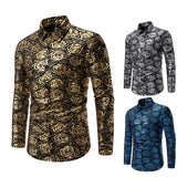 Wiaofellas  -  Men Long Sleeve Shirts Floral Bronzing Turndown Collar Mens Dress Shirt Stage Male Luxury Clothes Chemise Hemd Homme Shirts S62