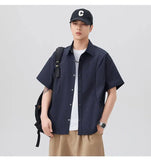 WIAOFELLAS  -  Men's Summer Solid Color Short-Sleeve Shirt - Relaxed Drop-Shoulder Casual Top, Textured Design for Smart-Casual Wear