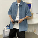 Wiaofellas  -  Washed Denim Short Sleeve Shirt Casual Loose Fit Summer Trend for Men And Women British Style Polyester Fiber Floral Pattern
