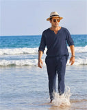 WIAOFELLAS  -  2pcs Set Men's Shirt and Pants Suits for Men Small V-neck Beach Wear Tracksuit Solid Color Shirts Sweatpants Hawaiian Vacat