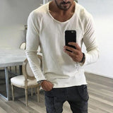 WIAOFELLAS  -  Mens Casual Round Neck Top Autumn And Winter Fit Youth Popular Personality Raw Edge Solid Color Long-Sleeved T-Shirts For Men