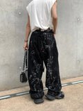 WIAOFELLAS  -  Artificial Hand-painted Lettering Graffiti Black Denim Trousers Men Straight Pants