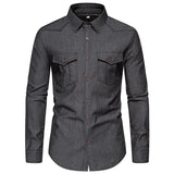 Wiaofellas  -  Men Long Sleeve Shirts Double Breasted Henry Collar Mens Dress Shirts Pockets Casual Male Clothes Chemise Hemd Homme Shirt S56