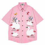 WIAOFELLAS  -  Men Streetwear Retro Vintage Shirt Swan Applique Embroiderey Plaid Cotton Summer Casual Harajuku Shirt Short Sleeve Japanese Tee