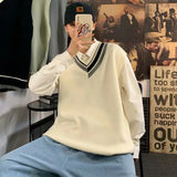 WIAOFELLAS  -  Men Sweater Vest Patchwork Simple Panelled Sleeveless Knit Sweaters Male Loose V-neck All-match Korean Preppy Style Streetwear