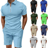 Wiaofellas  -  Men's Summer Suits Solid Color Waffle Lapel Slim-fit Short Sleevett-shirt Casual Fashion Men's Clothing