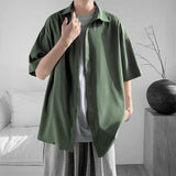 WIAOFELLAS  -  Simple Men's Shirts Turn-down Collar Ice Silk Solid Color Short Sleeved Loose Menswear Single Breasted Male Tops