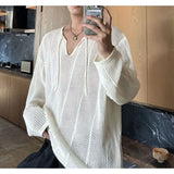 WIAOFELLAS  -  Men's Spring and Autumn Knitwear Design Lazy Style Top Fashion Micro Transparent Leisure Hollow Long Sleeve V-neck T-shirt