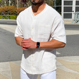 WIAOFELLAS  -  Retro Solid Color Button-up Cardigan Tops Men Casual Breathable Short Sleeve Shirts Mens Spring Summer Fashion Loose Shirt