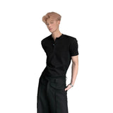 Wiaofellas  -  New Summer Men White Henry Neck Top Regular Shoulder Short Sleeve Polo Shirt Stylish Minimal Daily Casual Wear With High