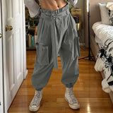 WIAOFELLAS  -  Men Pants Solid Color Lace Up Joggers Casual Cargo Pants Men Streetwear Loose Pockets Fashion Leisure Male Long Trousers