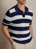 WIAOFELLAS  -  Daily Casual Mens Knitted Polo Shirts Summer Fashion Striped Contrast Color Knit Pullovers Men Stylish Turn-down Collar Top