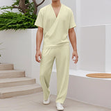 WIAOFELLAS  -  Men Sets Solid Color V Neck Short Sleeve T Shirt & Pants Two Pieces Sets Summer Streetwear 2025 Loose Fashion Men Suits