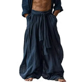 Wiaofellas  -  Folk Tie-up Streetwear Men's Pants Vintage Simple Casual Pure Cotton Linen Elastic Waist Loose Casual Pants Vintage Outfit