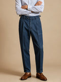 Wiaofellas  -  SS Men's Neapolitan Suit Pants, Denim Style Woven Double Pleat Paris Buckle High Waist Straight Leg Business Casual Pants