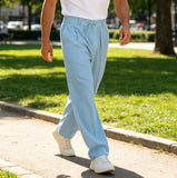 Wiaofellas  -  Men Summer Cotton Linen Drawstring Casual Pants Solid Color Loose Wide Leg Trousers Breathable Elastic Waist Daily Beach