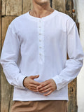 Wiaofellas  -  Casual Solid Color Cotton Linen Tops Men Vintage Crew Neck Button-up Long Sleeve T Shirts For Mens Fashion Loose Pullover Tops