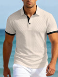 Wiaofellas  -  Men's Textured Knit Polo Shirt Contrast Trim Short Sleeve Turn Down Collar Casual Fashion Tops For Men