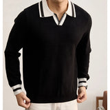 Wiaofellas  -  Men's Classic Contrast Trim Collar Long Sleeve Knit Pullover Polo Shirt Ribbed Knit Fabric Casual Top For Autumn Daily Occasions
