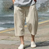 Wiaofellas  -  Men Chinese Style Summer Cotton Linen Capri Pants Loose Wide Leg Plus Size Casual Beach Cropped Trousers