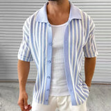 WIAOFELLAS  -  Summer Elegant Striped Men's Knitted Polo Shirts Short Sleeve Turn-down Collar Button Cardigan Top Men's Casual Knitted Shirt