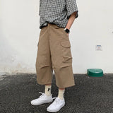 WIAOFELLAS  -  Summer Cotton Casual Pants Men Retro Cargo Pants Men Japanese Streetwear Hip-hop Loose Wide Leg Pants Men Cropped Trousers