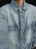 WIAOFELLAS  -  Niche Design Men's Denim Coats Solid Color Holes Raw Edge Pocket Single Breasted Casual Menswear Loose Male Jackets