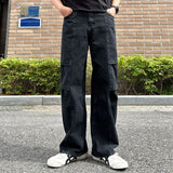 WIAOFELLAS  -  Vintage New Fashion Washed Straight Denim Trousers Summer Men's Casual Trendy Solid Color Spliced Cargo Jeans Pants Male Clothes