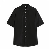 Wiaofellas  -  Men Short Sleeve Shirt Summer New Korean Style Single Breasted Lapel Business Casual Top Solid Color Male