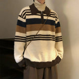 Wiaofellas  -  Autumn Men Knitted Maillard Polo Sweater Long Sleeve Striped Patchwork Lapel Pullover Trendy Light Luxury Korean Style Knitwear