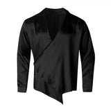 Wiaofellas  -  New Satin Smooth Men's Shirt, Fashion Business Casual Irregular V-neck Shirt, Comfortable Breathable Men's Shirt