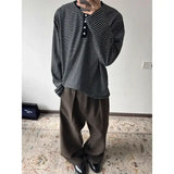 Wiaofellas  -  American Henley Collar Striped Long-sleeved T-shirt for Men Autumn Lazy Style Sweatshirt