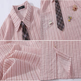 WIAOFELLAS  -  Summer Preppy Style Stripe Shirt With Tie Women Korean Chic Short Sleeve Y2k All-Match Tops Vintage Harajuku Girl Blouse Clothes