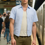 WIAOFELLAS  -  Summer Short Sleeve Tops Men Shirt Fashion Men's Clothing Stripe Shirts Streetwear Turn Down Collar Tee Oversize S-5XL