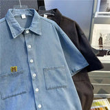 Wiaofellas  -  Bear Embroidery Denim Short Sleeve Shirt Men Summer Thin Loose Five Sleeve Casual Shirt American Cool Leisure Outerwear