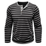 WIAOFELLAS  -  New Men's Henley Collar Long Sleeve T-Shirts Striped Casual Button T Shirt for Men Spring Autumn Male Fashion Cotton Tees Tops