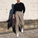 WIAOFELLAS  -  Mens Pants British Style Paris Buckle Business Casual Trousers Autumn Commuting Simple Solid Color Straight Pants Men'S Clothing