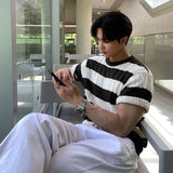 WIAOFELLAS  -  Fashion Men's Striped Contrast Color Knit Loose T-shirts Trendy Short Sleeves O-neck Casual Tops Male 2025 Summer 2A0917