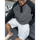 WIAOFELLAS  -  Men Color Block Raglan Sleeve Striped Long Sleeve T-Shirt Loose Fit Casual Top