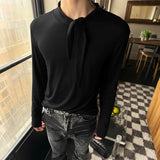 WIAOFELLAS  -  Men T Shirt Solid Color Lace Up Long Sleeve Casual Male Tee Tops Streetwear Korean Style Fashion Men Clothing S-3XL
