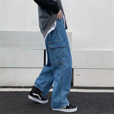 WIAOFELLAS  -  Korean Fashion Spring Autumn Solid Color Elastic Pockets Trousers Wide Leg Cargo Men's Clothing High Waisted High Street Pants