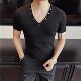 Wiaofellas  -  Spring Summer V-neck Short Sleeved T-shirt for Men Rivet Decoration High Elasticity Knitted T-shirts Slim Fit Casual Base Shirt