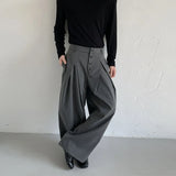 Wiaofellas  -  Autumn Men Buckle Design Suit Pants Luxury High Waist Striped Dress Pants American Retro Premium Elegant Draping Trousers M-3XL