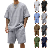 WIAOFELLAS  -  Men's Summer American-Style Loose Heavy Sweater High Street Hip-Hop Sport Short-Sleeved Set with Shorts
