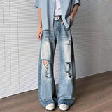 WIAOFELLAS  -  Summer Men's Denim Pants Washing Holes Design Gradient Color Worn-out Bottom Loose Male Wide Leg Jeans Fashion